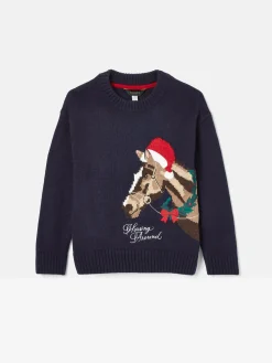 Girls' Cracking Navy Blue Intarsia Artwork Jumper