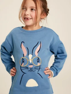 Girls' Mackenzie Blue Rabbit Embroidered Artwork Crew Neck Sweatshirt