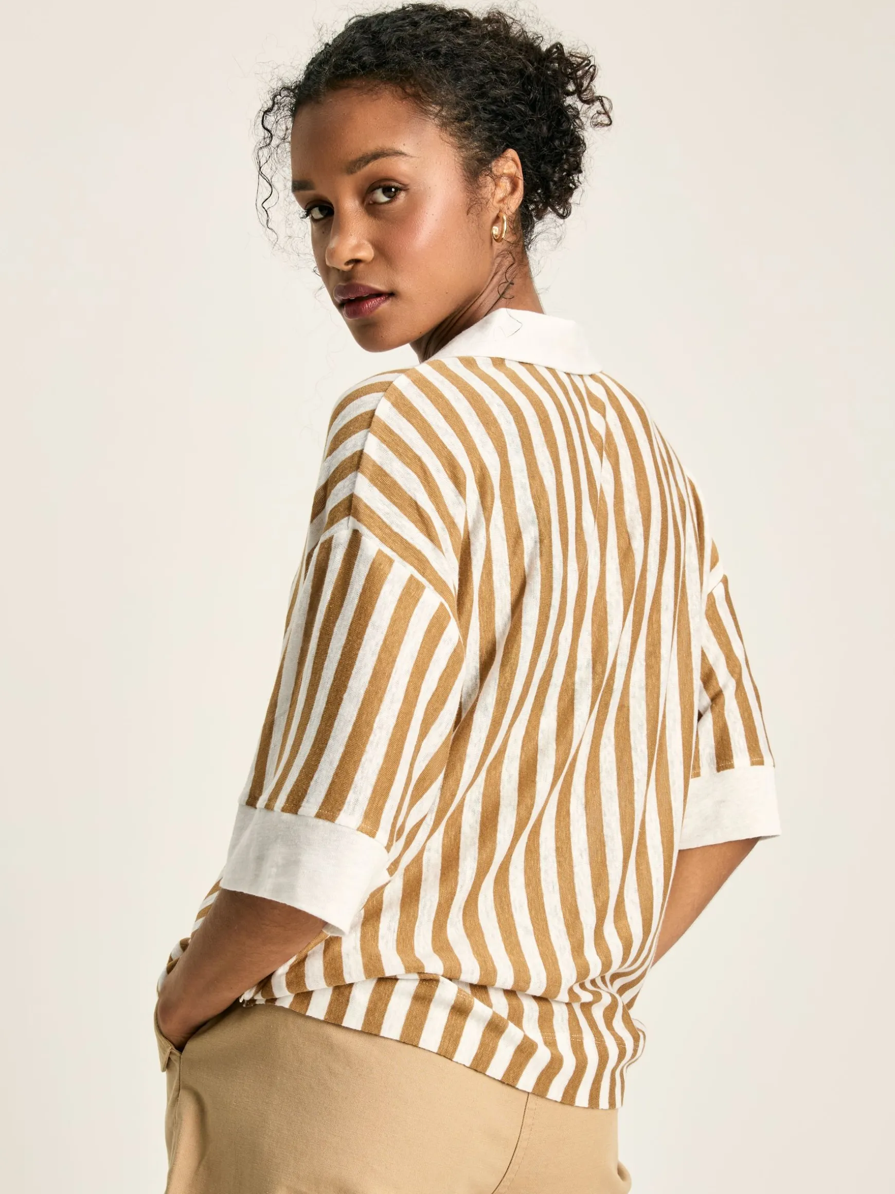 Hadley Tan White Linen Polo Shirt