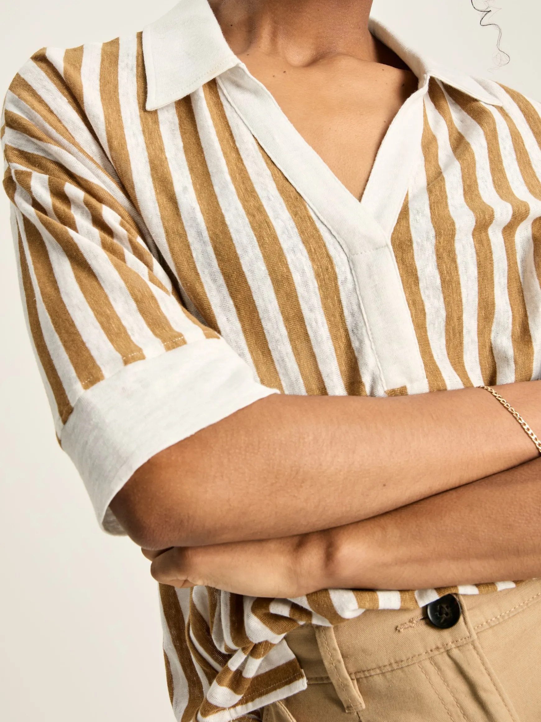 Hadley Tan White Linen Polo Shirt