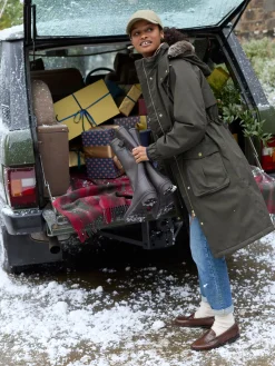 Harpsden Cosy Khaki Green Waterproof Fleece Lined Raincoat with Faux Fur Hood