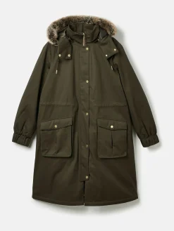 Harpsden Cosy Khaki Green Waterproof Fleece Lined Raincoat with Faux Fur Hood