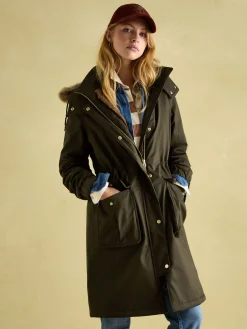 Harpsden Cosy Khaki Green Waterproof Fleece Lined Raincoat with Faux Fur Hood