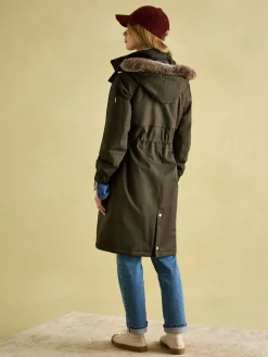 Harpsden Cosy Khaki Green Waterproof Fleece Lined Raincoat with Faux Fur Hood