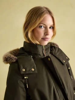 Harpsden Cosy Khaki Green Waterproof Fleece Lined Raincoat with Faux Fur Hood