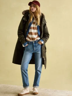 Harpsden Cosy Khaki Green Waterproof Fleece Lined Raincoat with Faux Fur Hood