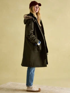 Harpsden Cosy Khaki Green Waterproof Fleece Lined Raincoat with Faux Fur Hood