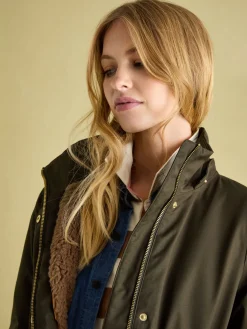 Harpsden Cosy Khaki Green Waterproof Fleece Lined Raincoat with Faux Fur Hood