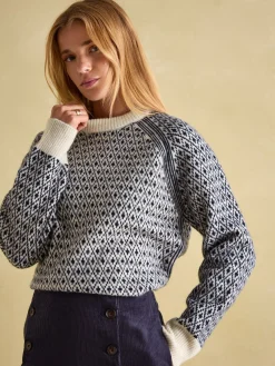 Ingrid Cream/Navy Patterned Jumper with Detachable Roll Neck