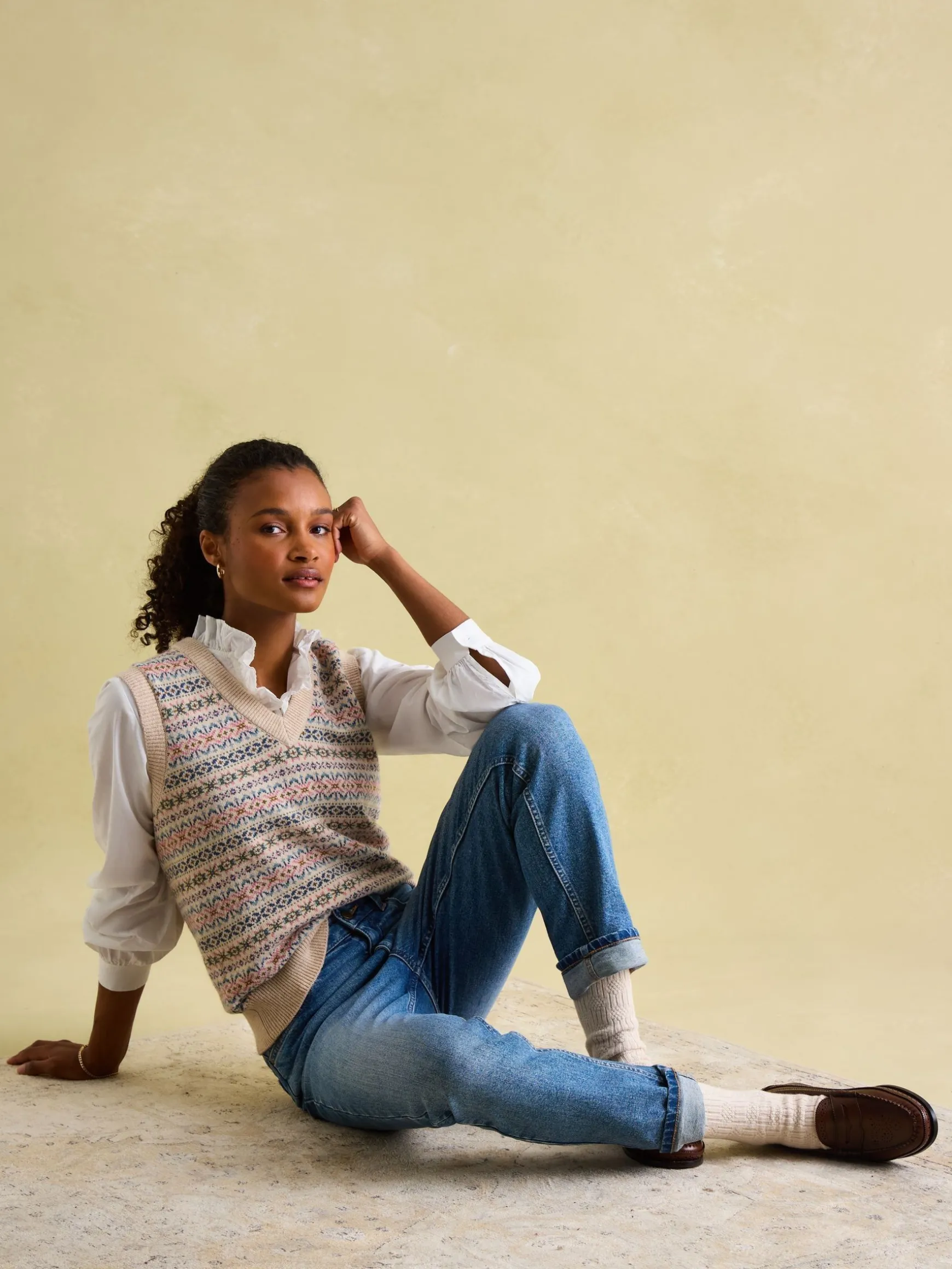 Islay Oatmeal V Neck Fair Isle Knitted Vest