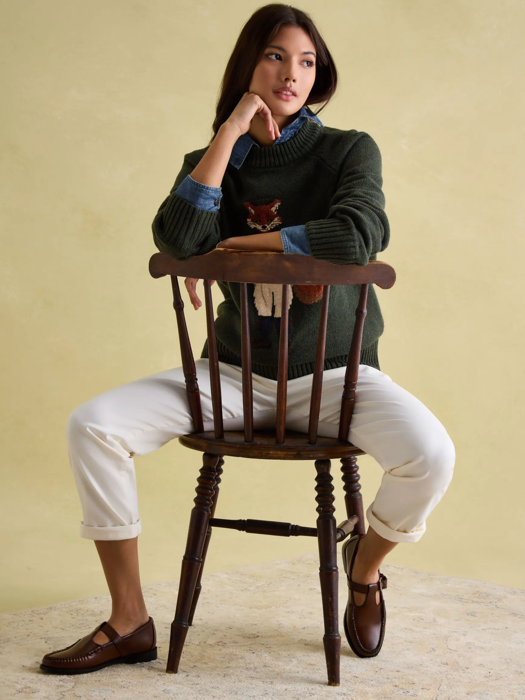 Jonty Dark Green Intarsia Fox Knit Jumper