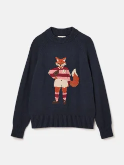 Jonty Navy Blue Intarsia Fox Knit Jumper