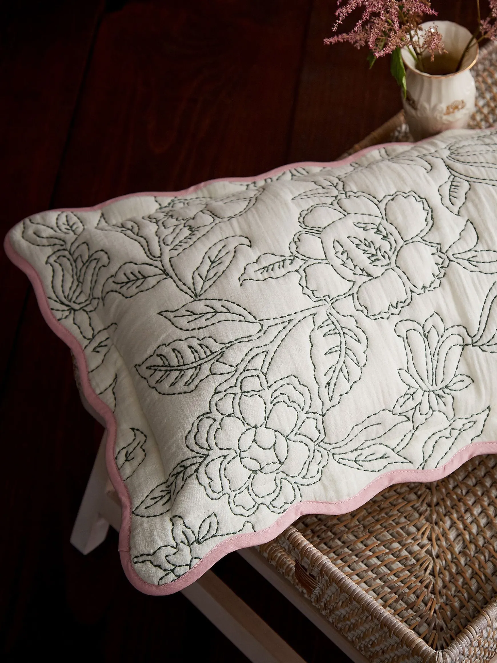 Juliette Cream 100% Cotton Scalloped Embroidered Cushion
