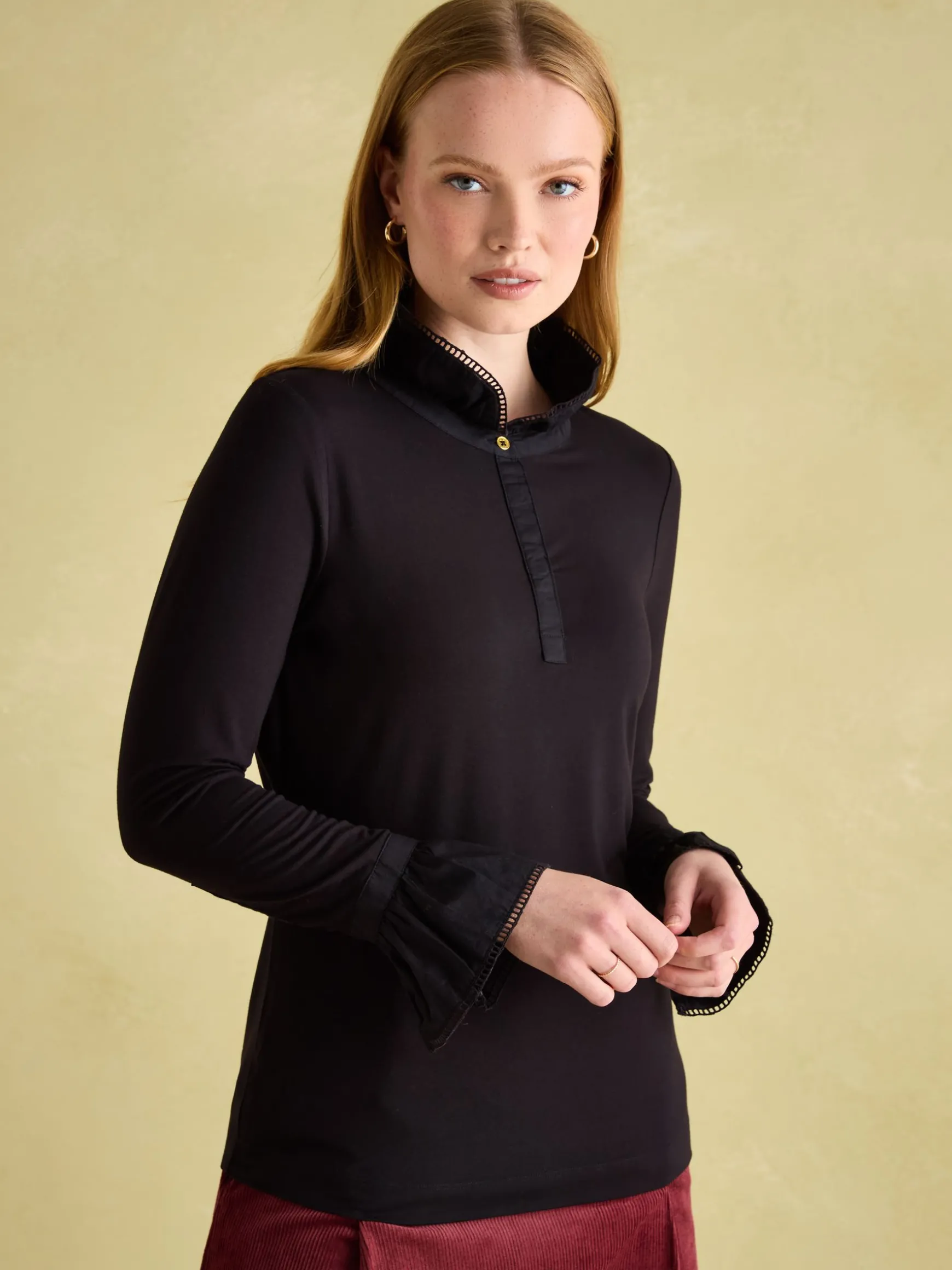 Kate Black Long Sleeve Frilled Neck Top