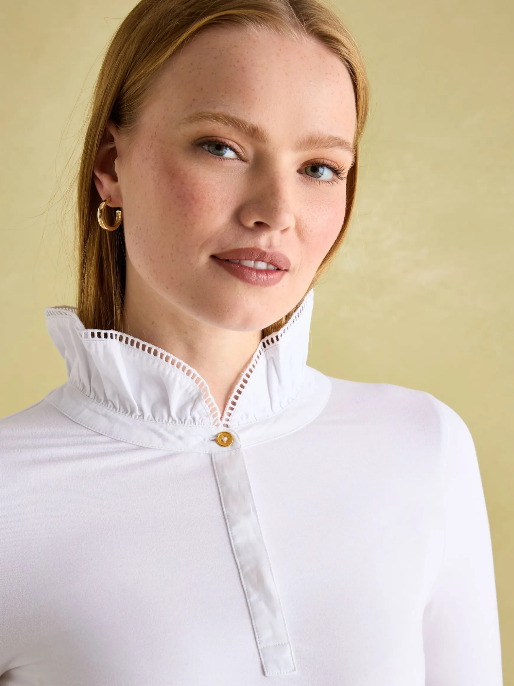 Kate White Long Sleeve Frilled Neck Top