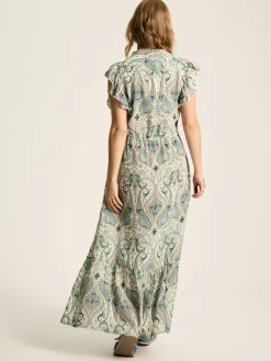 Lillia Blue/Green Tie Waist Tiered Dress