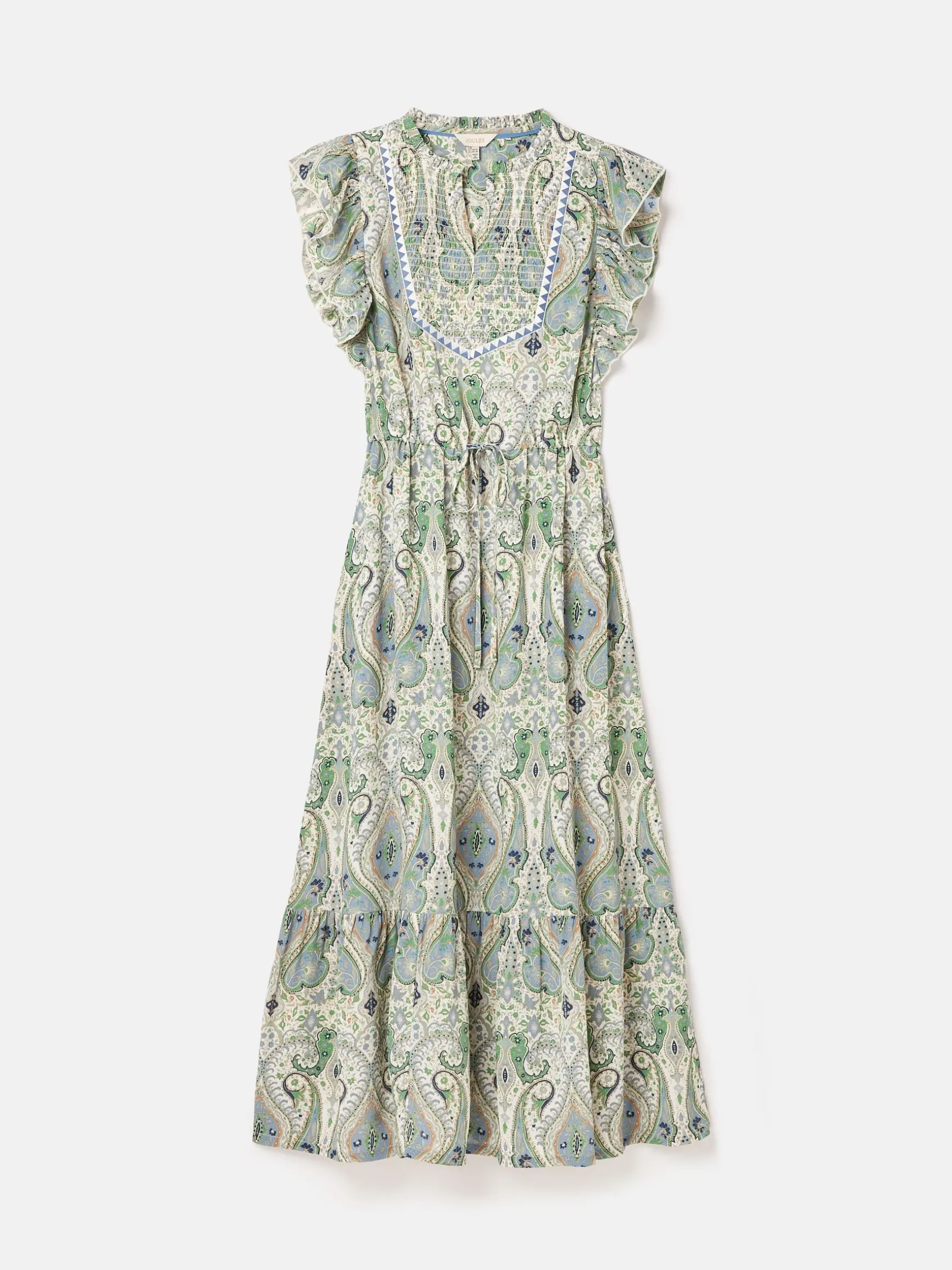 Lillia Blue/Green Tie Waist Tiered Dress