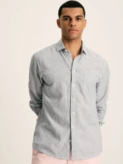 Linen Blend Blue Stripe Plain Long Sleeve Shirt