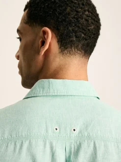 Linen Blend Green Plain Short Sleeve Shirt