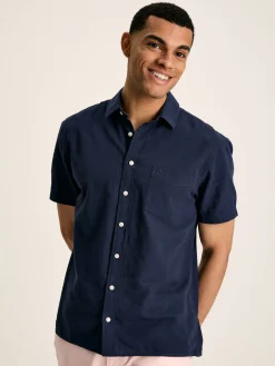 Linen Blend Navy Blue Plain Short Sleeve Shirt
