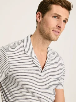 Linen Blend White Striped Polo Shirt