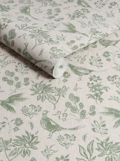 Linen Green Pheasant Print 10M Wallpaper