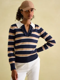 Maddie Navy/Oatmeal V Neck Stripe Jumper with Collar