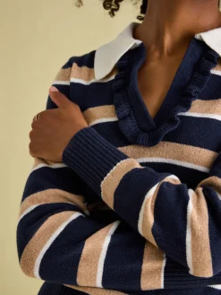 Maddie Navy/Oatmeal V Neck Stripe Jumper with Collar