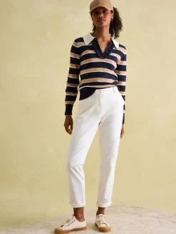 Maddie Navy/Oatmeal V Neck Stripe Jumper with Collar