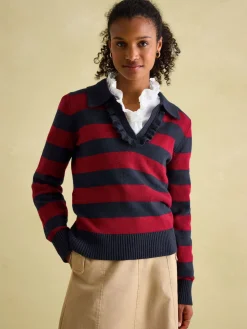 Maddie Red/Navy V Neck Stripe Jumper with Collar