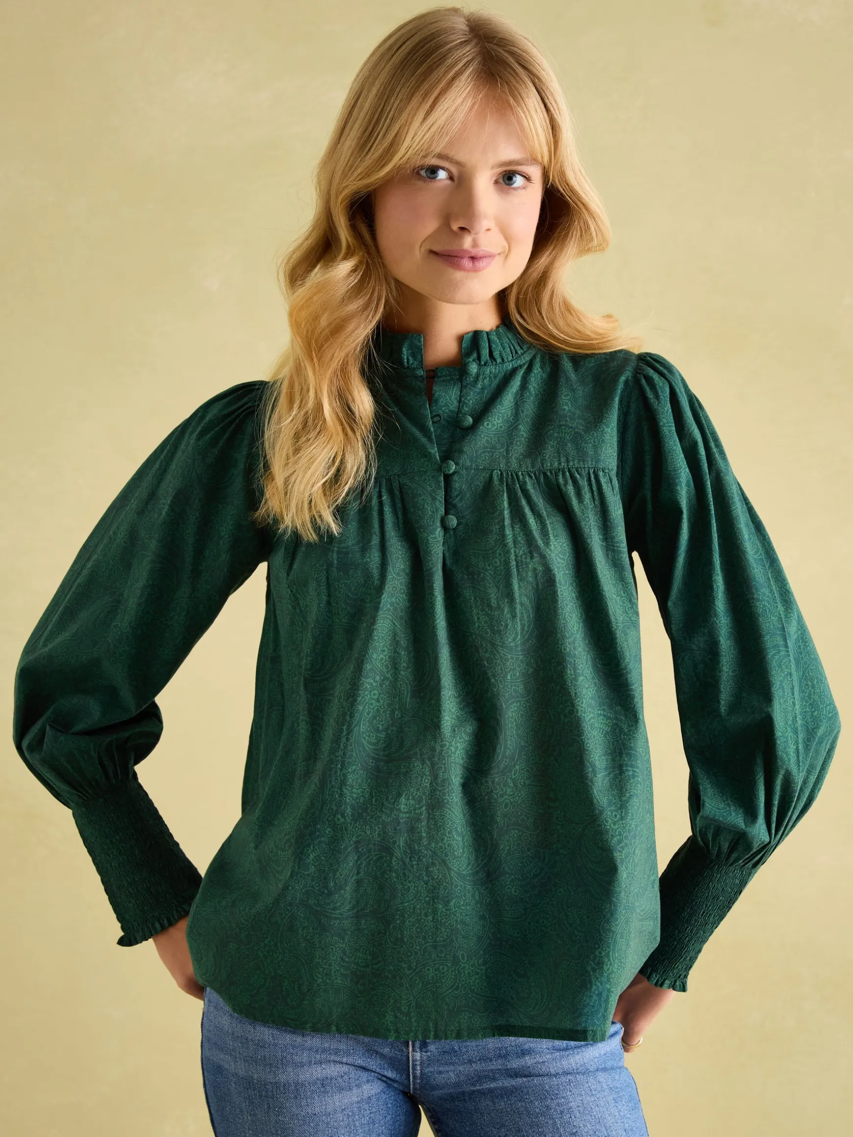 Mariella Green Paisley Cotton Frill Neck Blouse