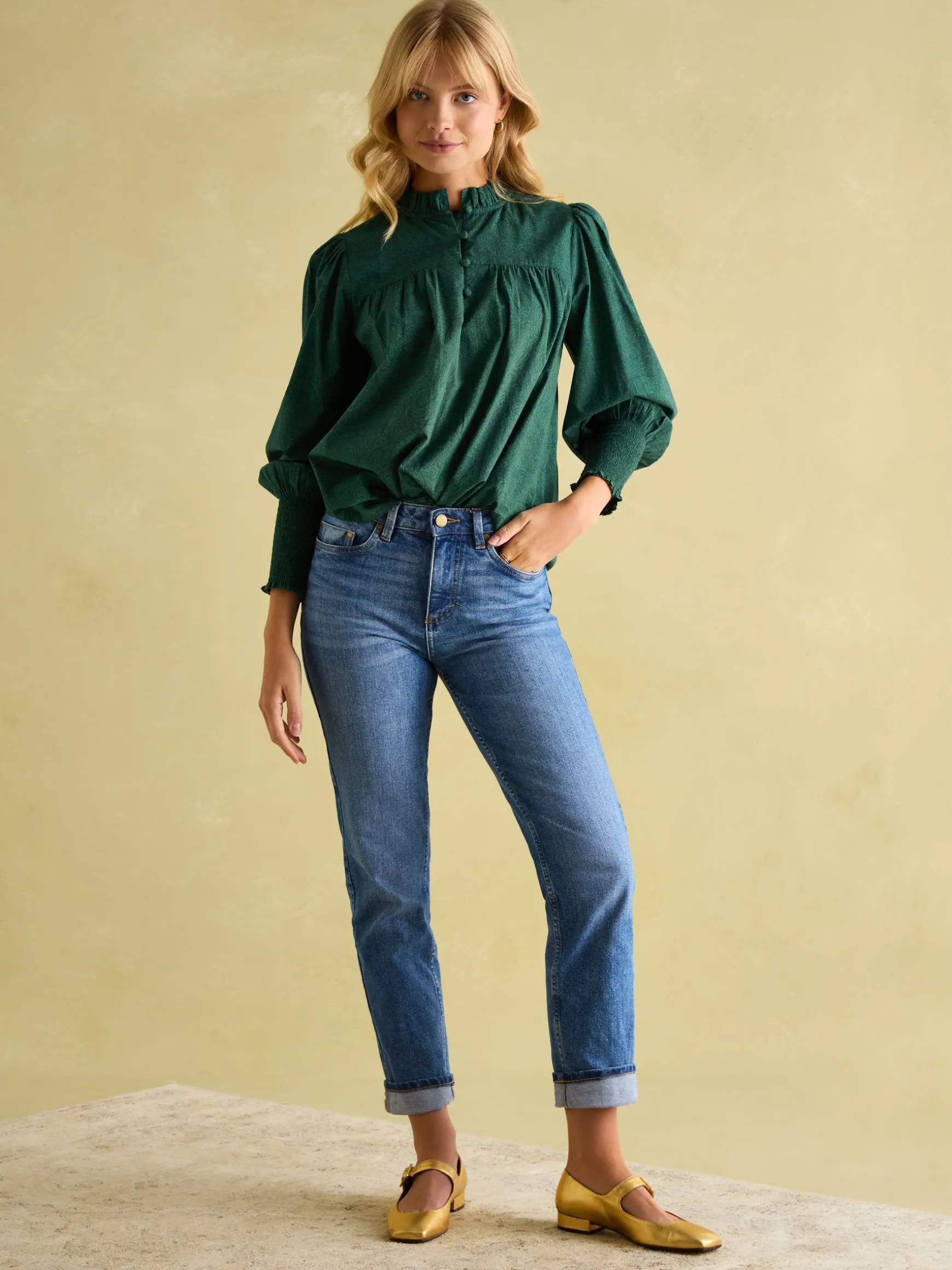 Mariella Green Paisley Cotton Frill Neck Blouse