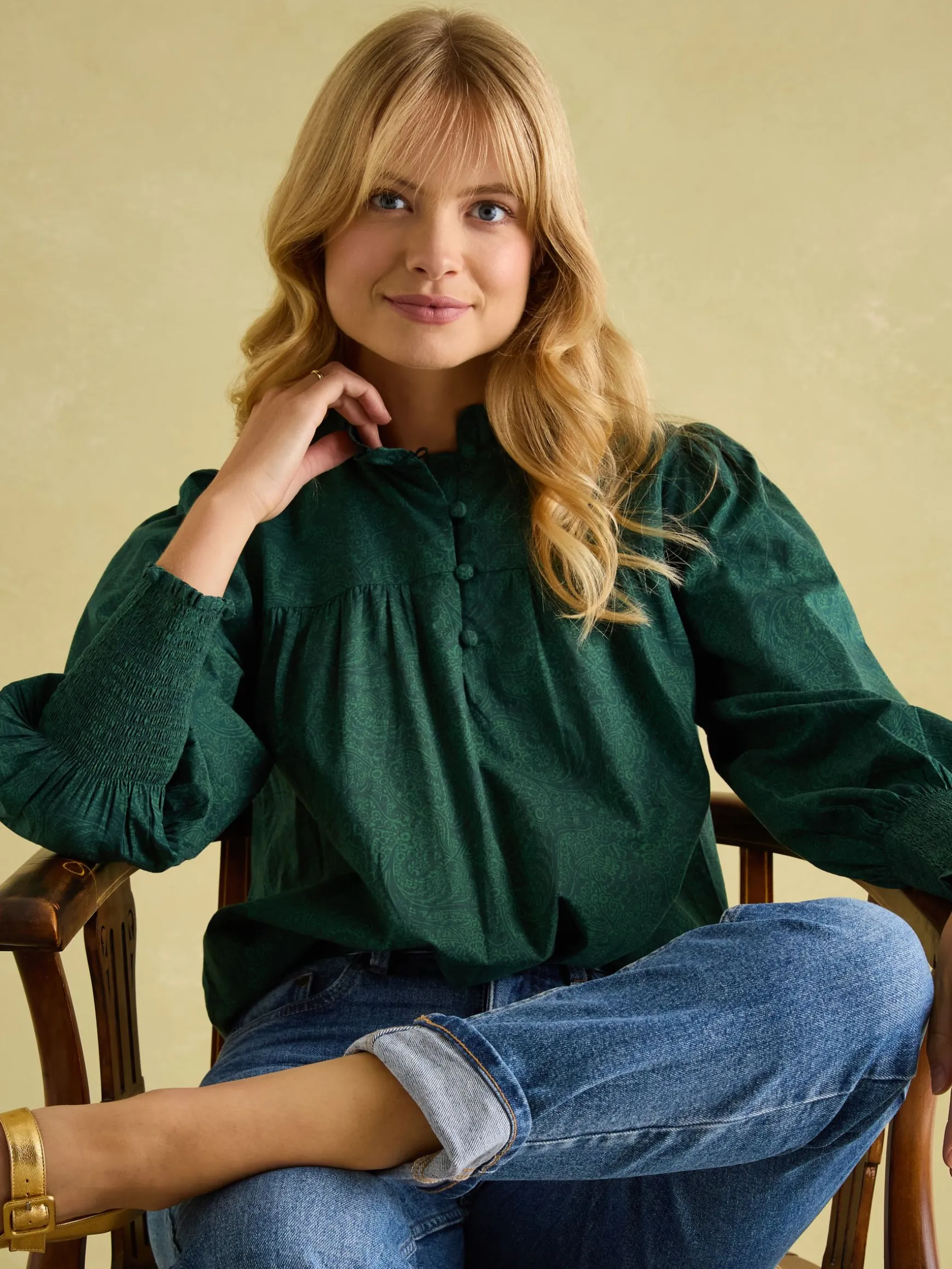 Mariella Green Paisley Cotton Frill Neck Blouse
