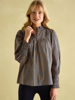 Mariella Navy Stripe Cotton Frill Neck Blouse