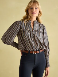 Mariella Navy Stripe Cotton Frill Neck Blouse