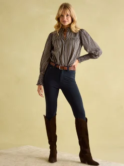 Mariella Navy Stripe Cotton Frill Neck Blouse