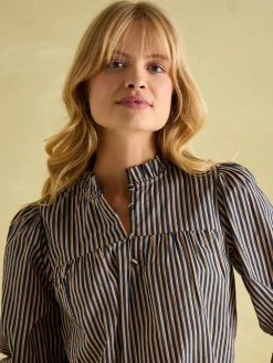 Mariella Navy Stripe Cotton Frill Neck Blouse