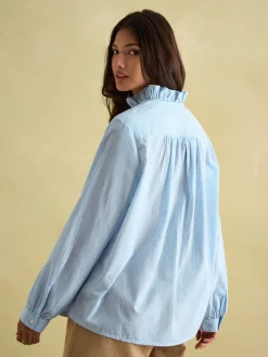 Melanie Blue/White Cotton Ruffle Blouse