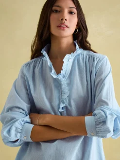 Melanie Blue/White Cotton Ruffle Blouse