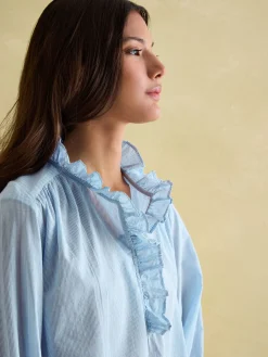 Melanie Blue/White Cotton Ruffle Blouse