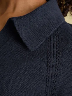 Mia Navy Blue Pointelle Jumper with Open Collar