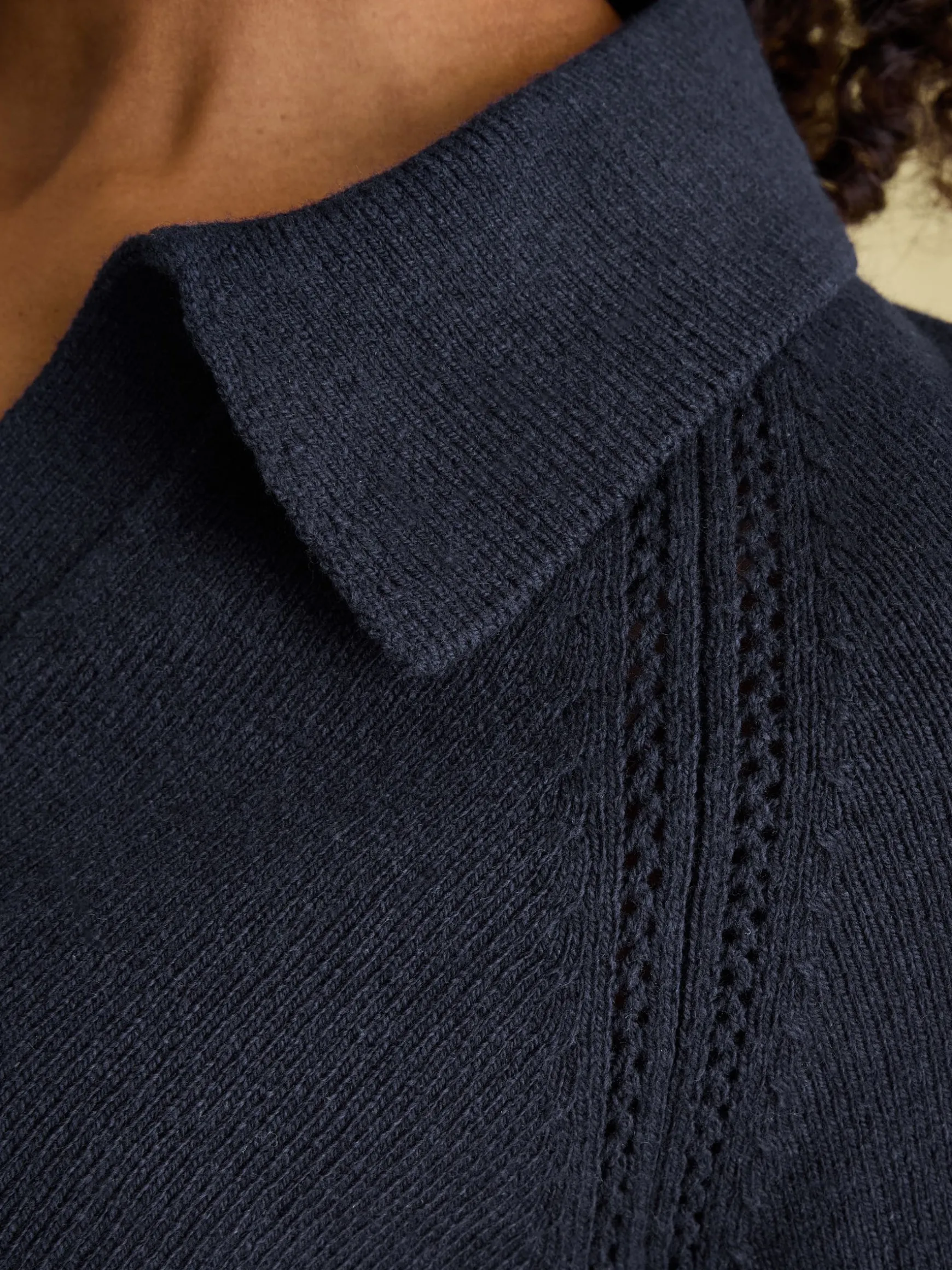 Mia Navy Blue Pointelle Jumper with Open Collar
