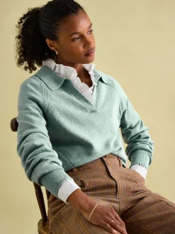 Mia Teal Blue Pointelle Jumper with Open Collar