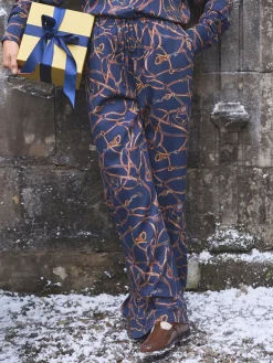 Navy Blue Bridle Wide Leg Printed Satin Trousers