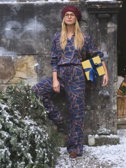 Navy Blue Bridle Wide Leg Printed Satin Trousers