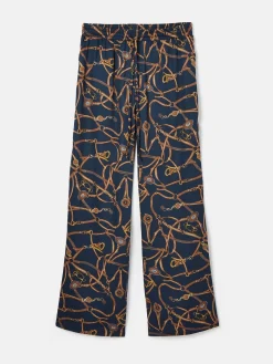 Navy Blue Bridle Wide Leg Printed Satin Trousers