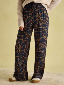 Navy Blue Bridle Wide Leg Printed Satin Trousers