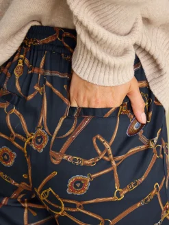 Navy Blue Bridle Wide Leg Printed Satin Trousers