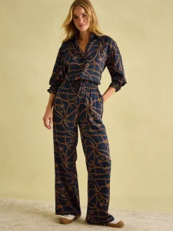 Navy Blue Bridle Wide Leg Printed Satin Trousers