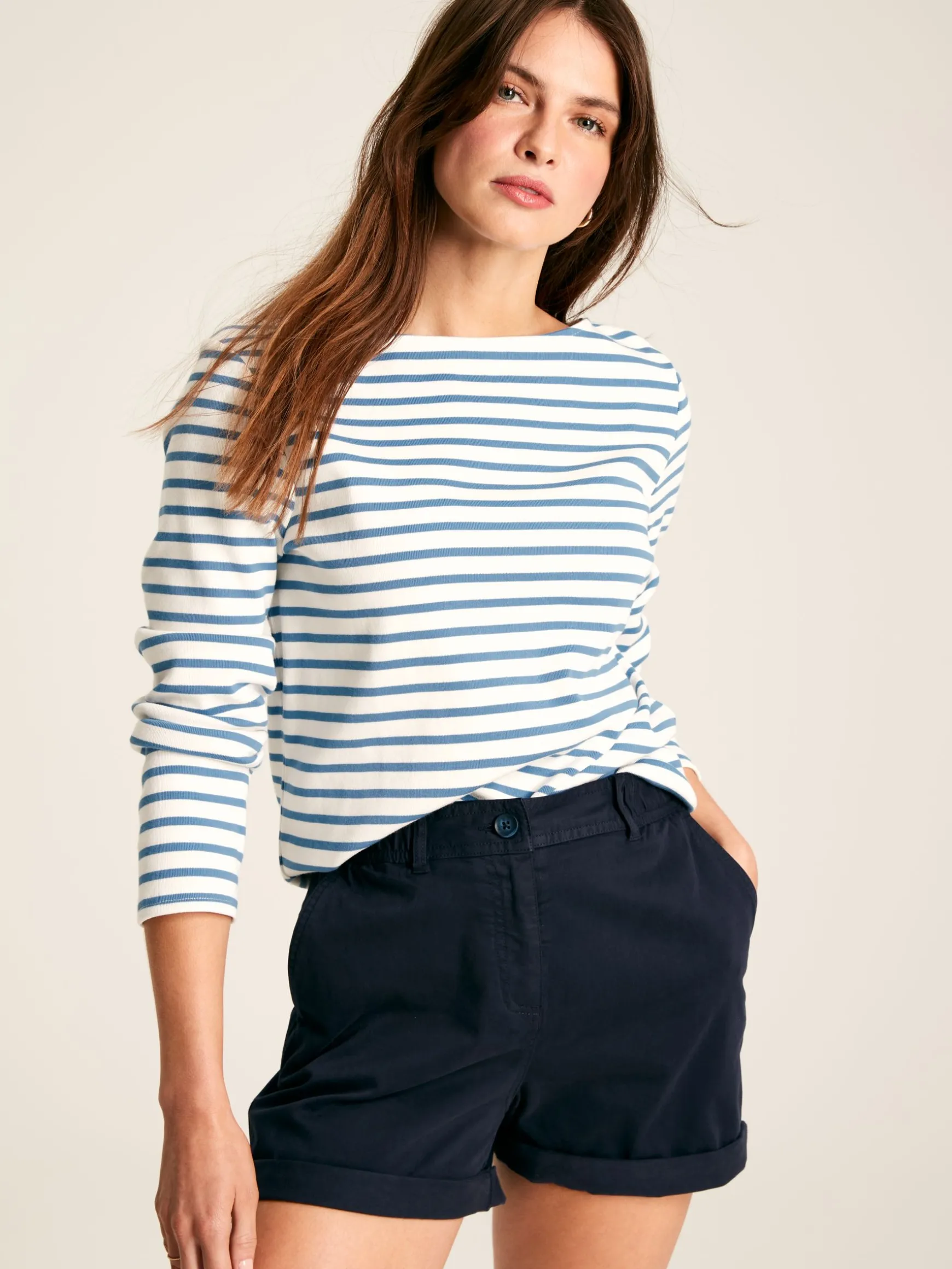 New Harbour Cream & Blue Striped Boat Neck Breton Top
